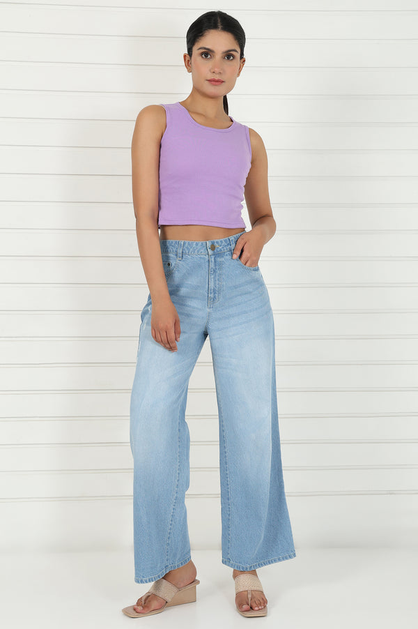 Elleven Women's Blue Denim Mid Rise Ankle Length Flared Pants with YKK Zipper