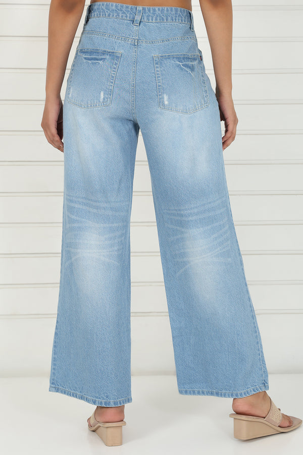 Elleven Women's Blue Denim Mid Rise Ankle Length Flared Pants with YKK Zipper