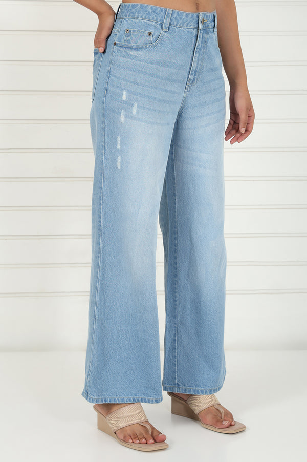 Elleven Women's Blue Denim Mid Rise Ankle Length Flared Pants with YKK Zipper