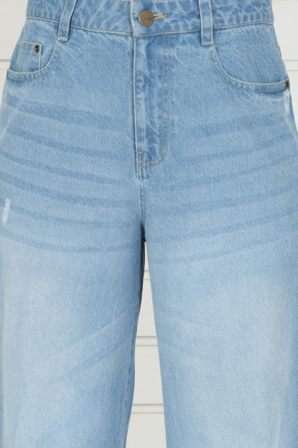 Elleven Women's Blue Denim Mid Rise Ankle Length Flared Pants with YKK Zipper