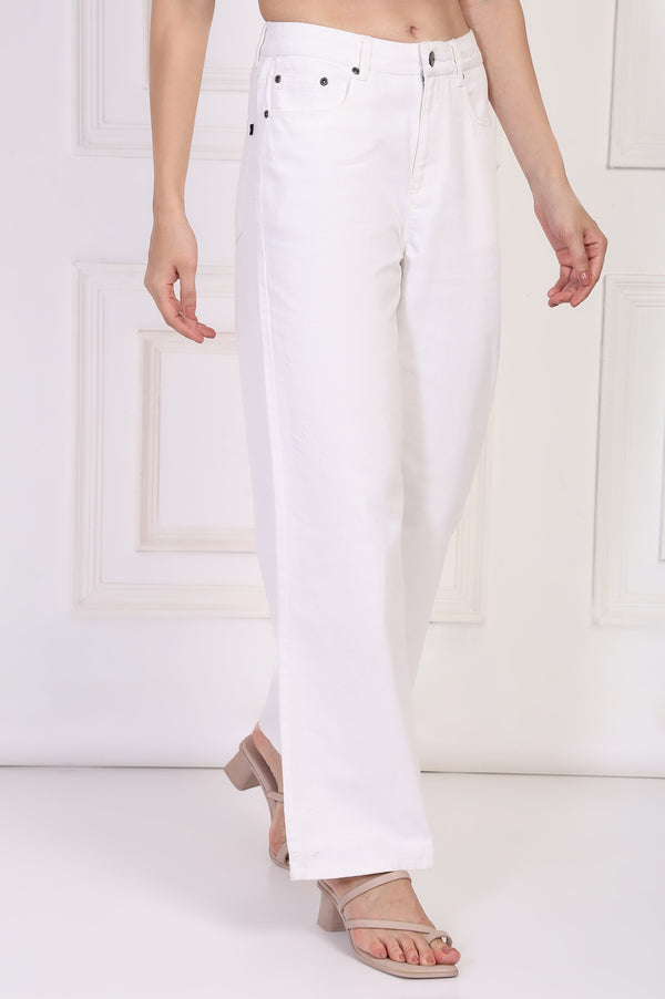 Elleven Women's White Solid Flared Cotton Pant