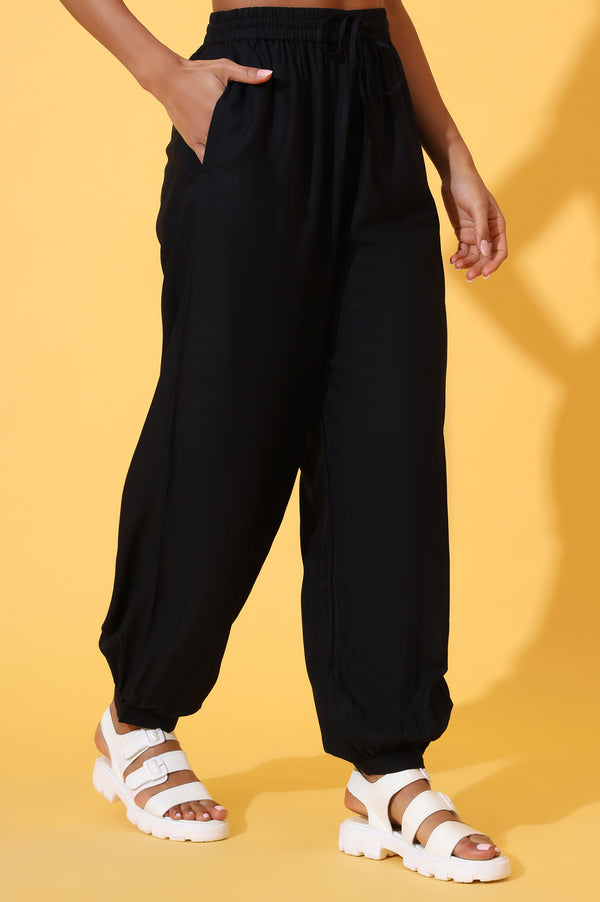 Black Solid Ankle Length Rayon Harem Pants
