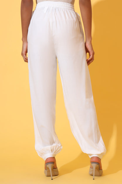 White Solid Ankle Length Rayon Harem Pants