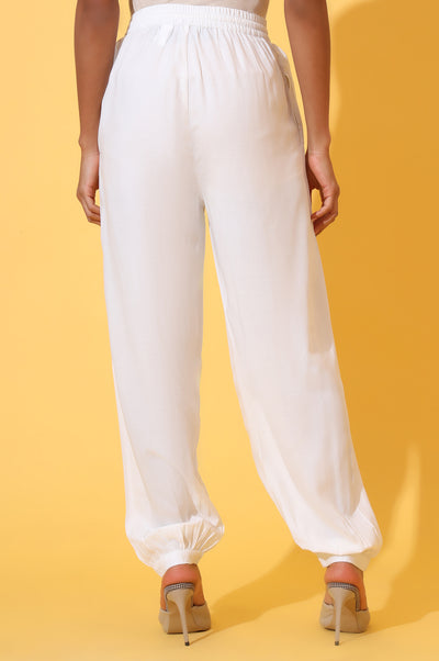 White Solid Ankle Length Rayon Harem Pants