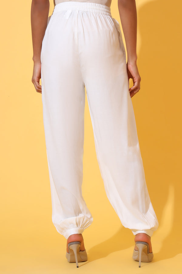 White Solid Ankle Length Rayon Harem Pants