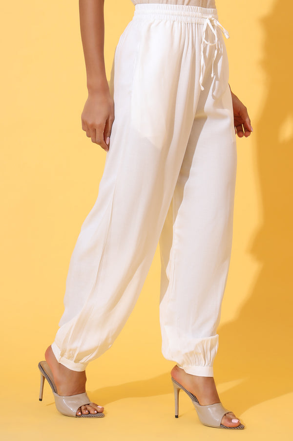 Elleven Women's White Solid Ankle Length Rayon Harem Pants