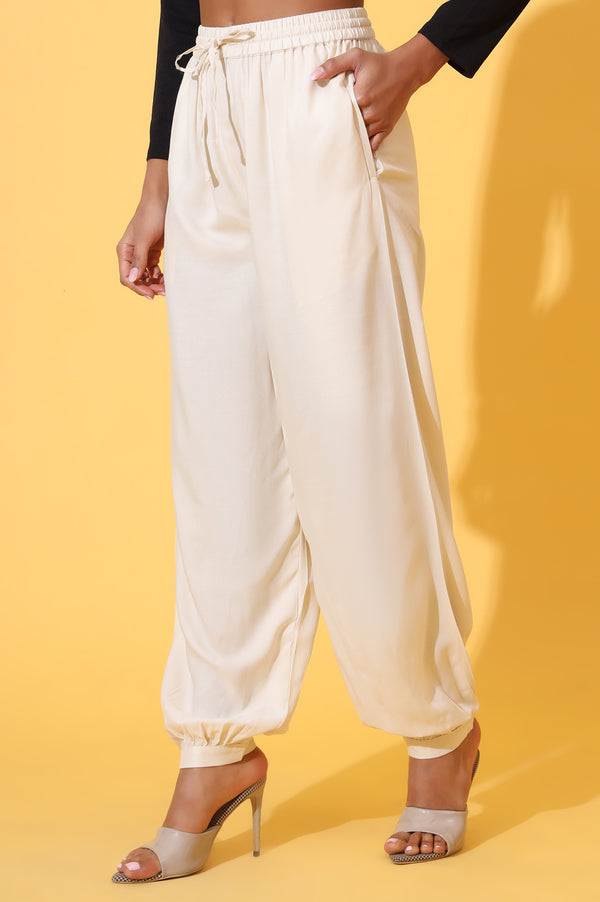 Elleven Women's Beige Solid Ankle Length Rayon Harem Pants