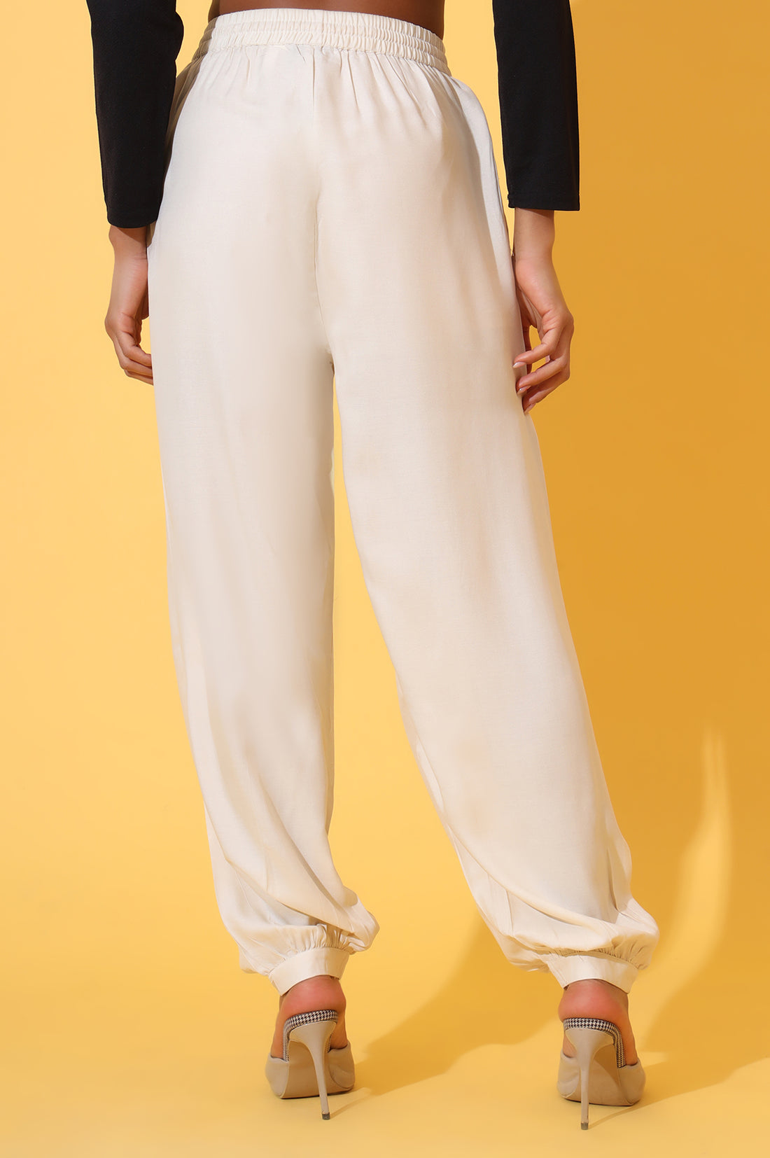 Beige Solid Ankle Length Rayon Harem Pants