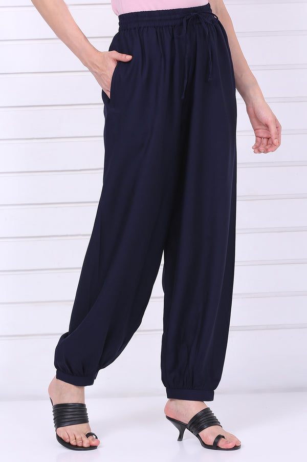 Elleven Women's Navy Blue Solid Loose Fit Cropped Dhoti Pants