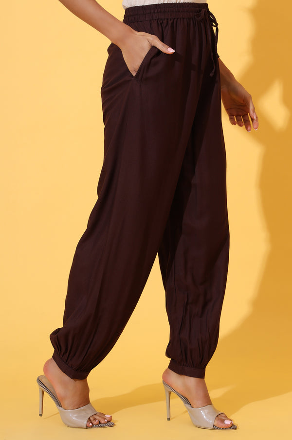 Elleven Women's Brown Solid Ankle Length Rayon Harem Pants