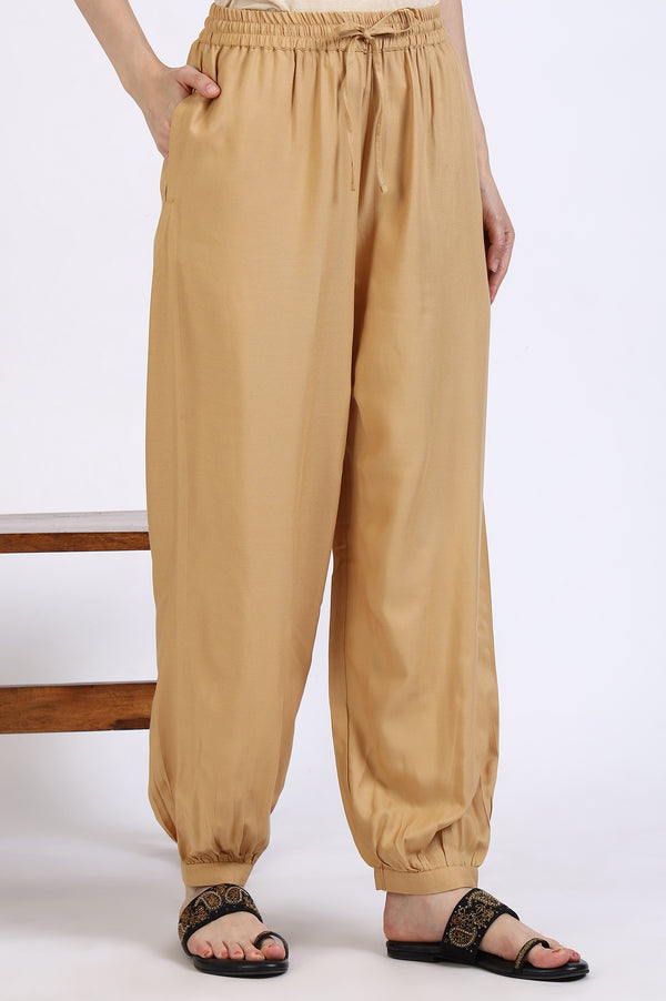 Elleven Women's Gold Solid Gathered Harem Pants