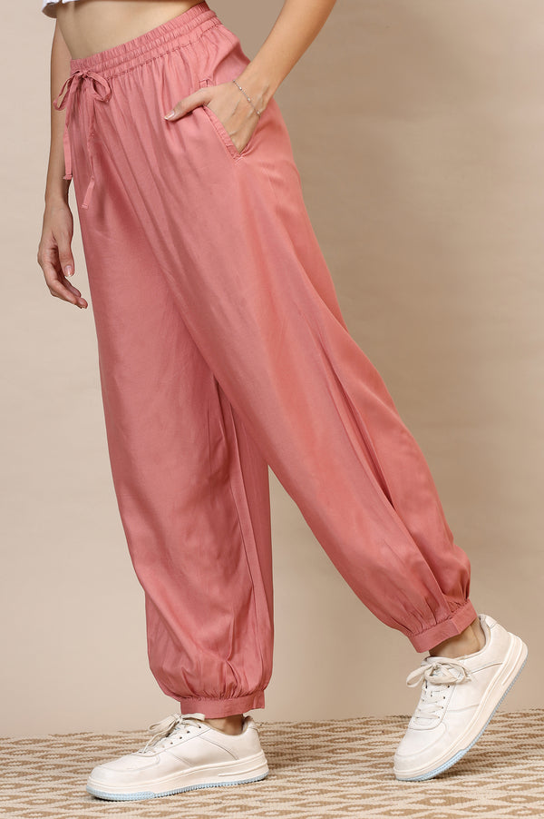 Pink Solid Loose Fit Rayon Dhoti Pants With Drawstring