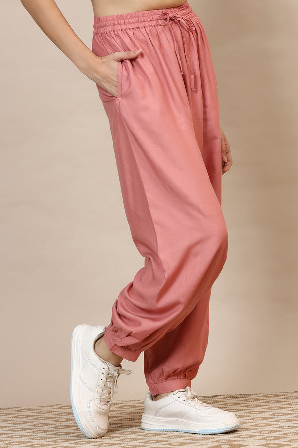 Pink Solid Loose Fit Rayon Dhoti Pants With Drawstring