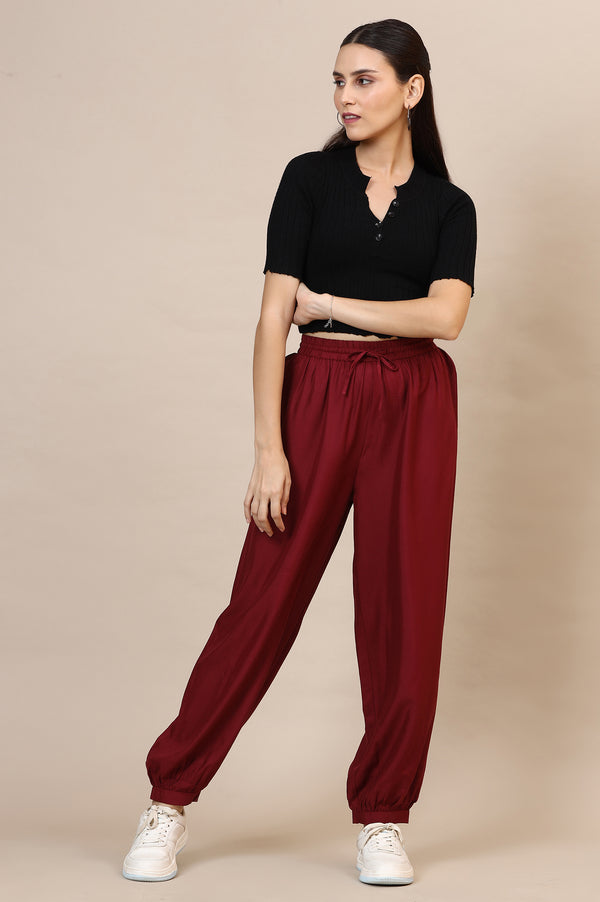 Red Solid Loose Fit Rayon Dhoti Pants With Drawstring