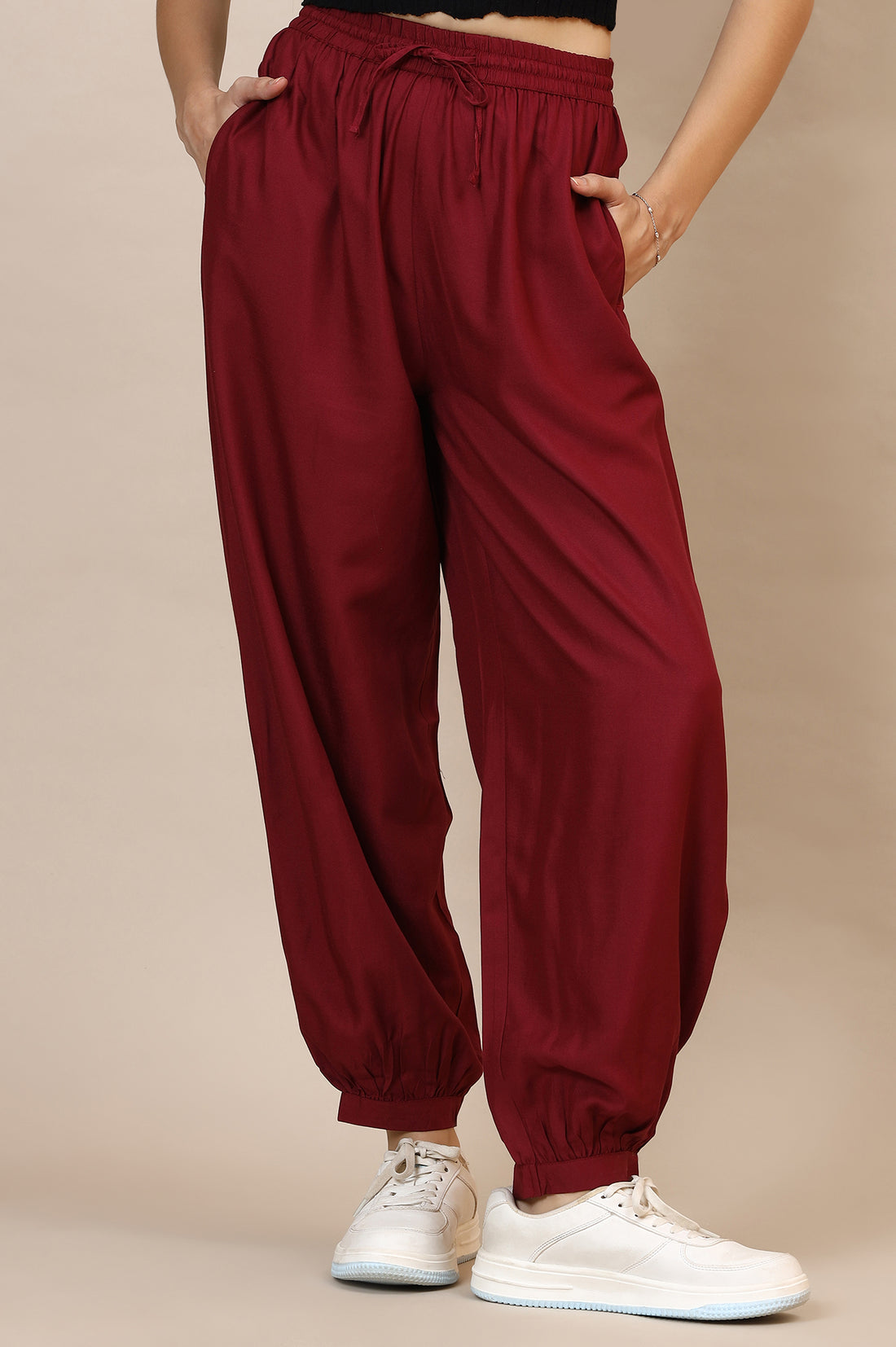 Red Solid Loose Fit Rayon Dhoti Pants With Drawstring