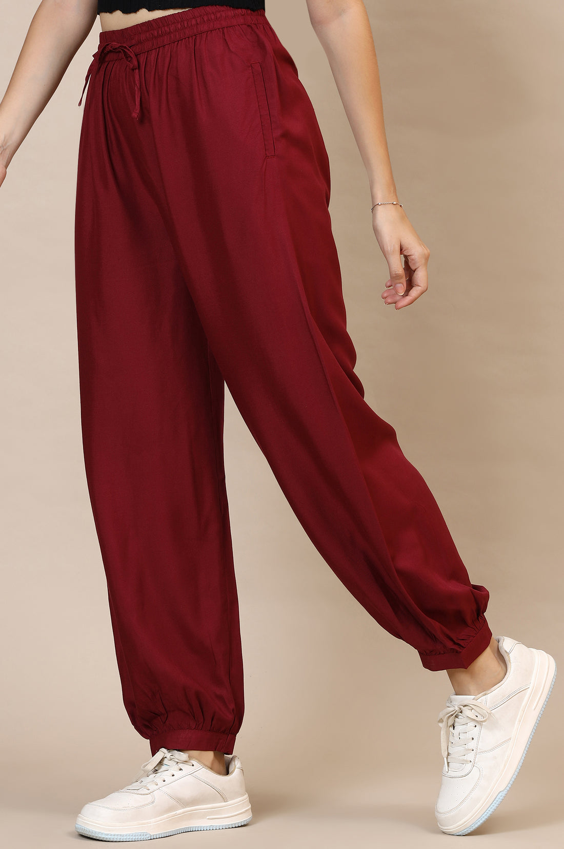 Red Solid Loose Fit Rayon Dhoti Pants With Drawstring