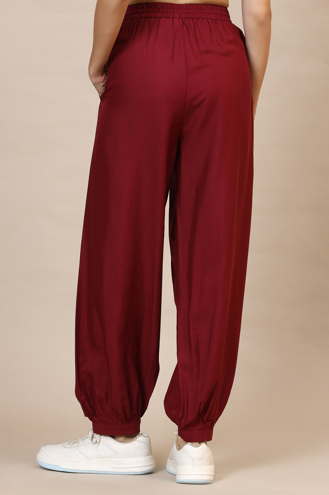 Red Solid Loose Fit Rayon Dhoti Pants With Drawstring
