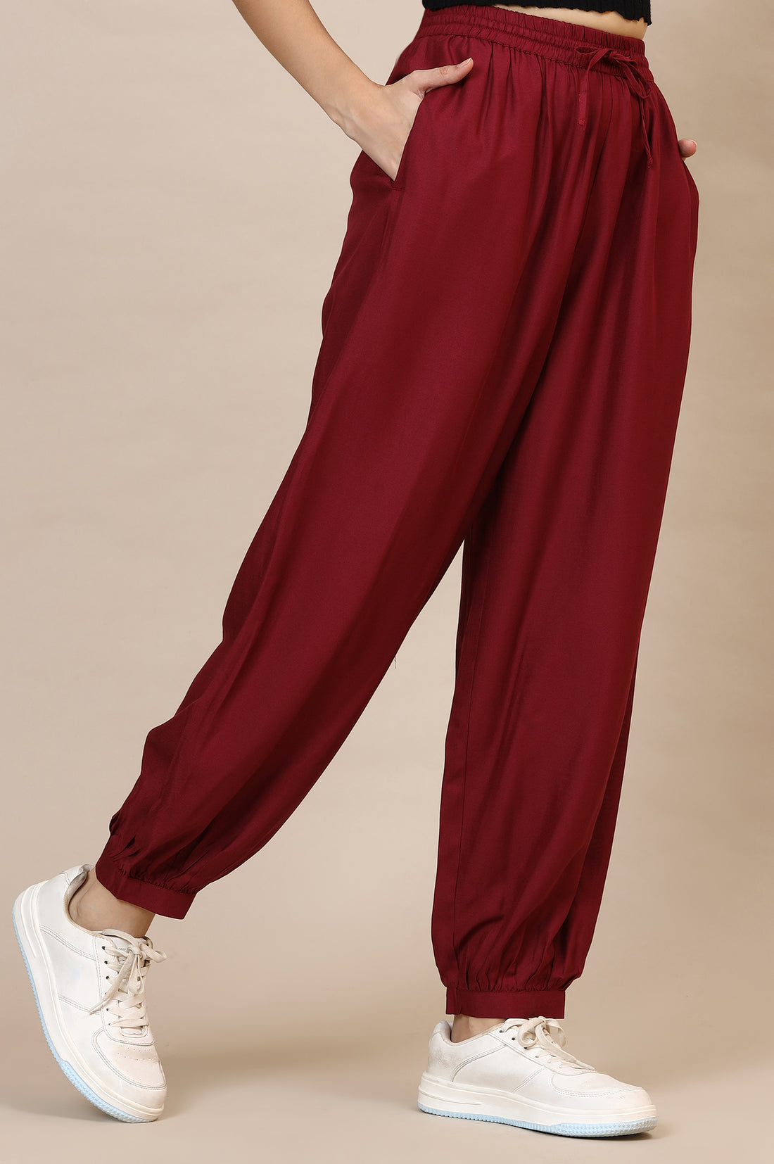 Red Solid Loose Fit Rayon Dhoti Pants With Drawstring