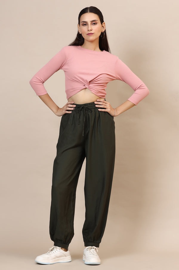 Dark Green Solid Loose Fit Rayon Pants With Drawstring