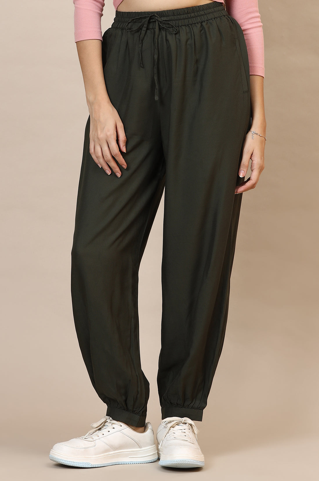Dark Green Solid Loose Fit Rayon Pants With Drawstring