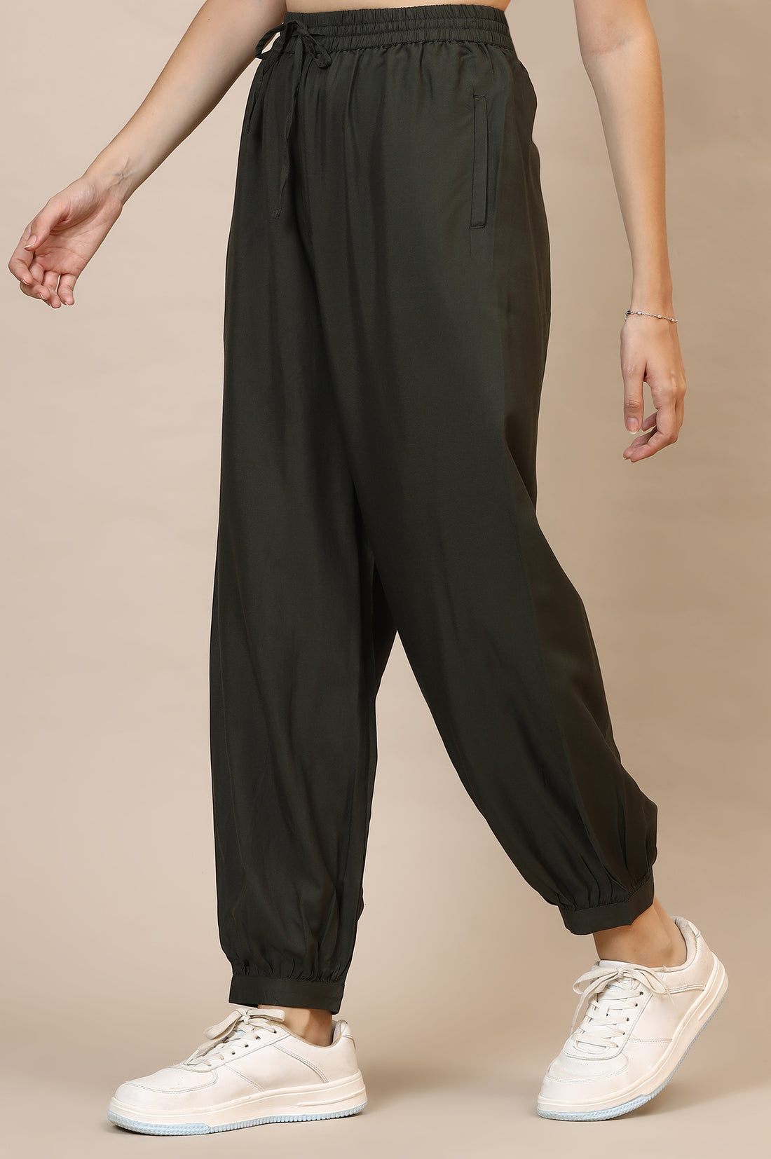Dark Green Solid Loose Fit Rayon Pants With Drawstring