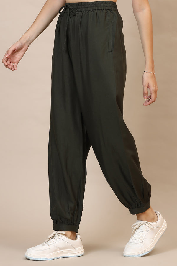 Dark Green Solid Loose Fit Rayon Pants With Drawstring