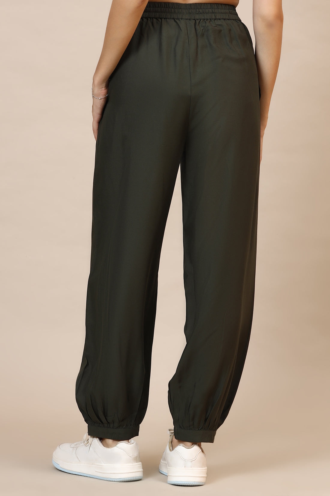 Dark Green Solid Loose Fit Rayon Pants With Drawstring
