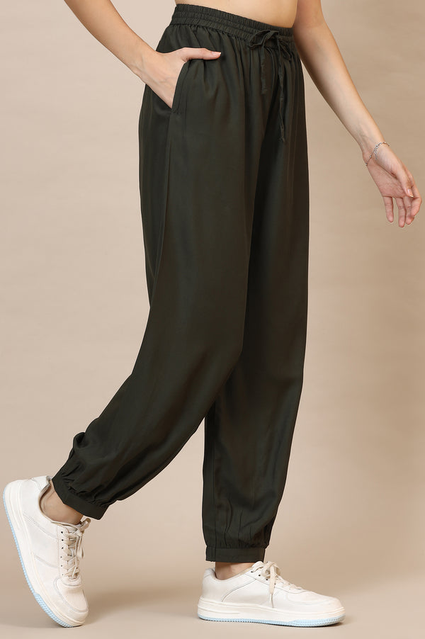 Dark Green Solid Loose Fit Rayon Pants With Drawstring