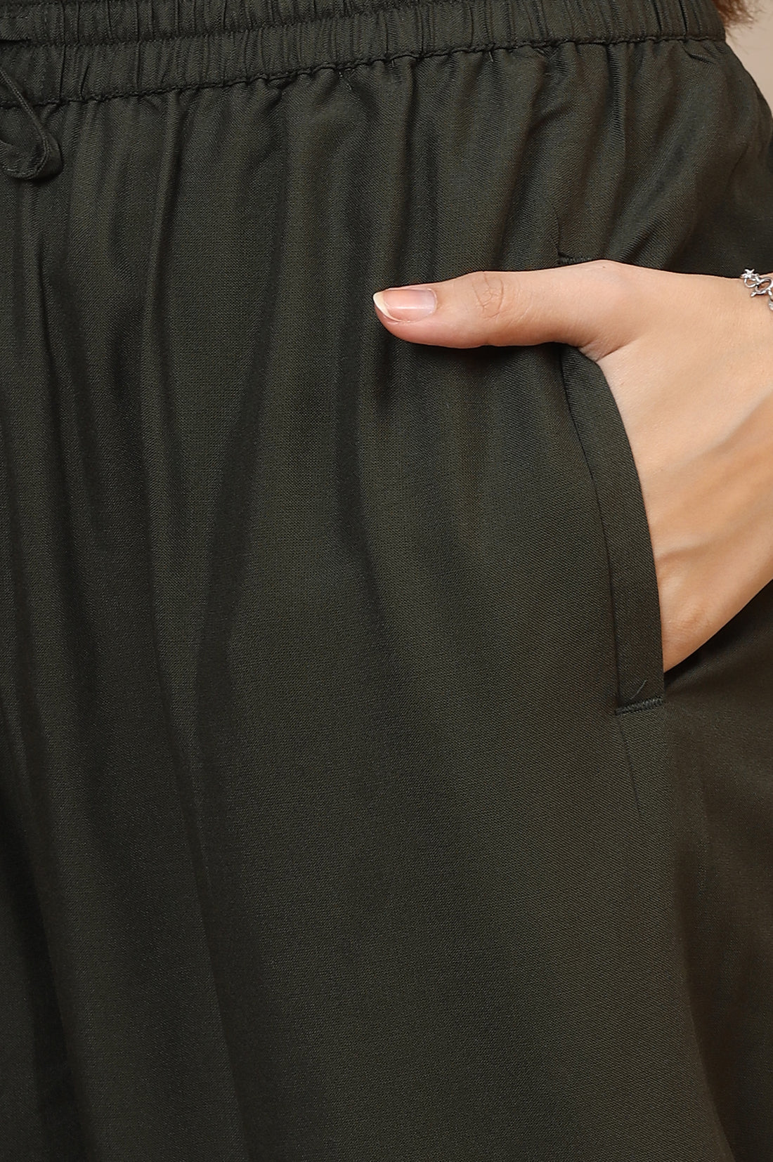 Dark Green Solid Loose Fit Rayon Pants With Drawstring