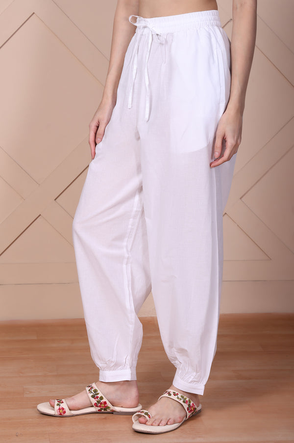 Elleven Women's White Solid Pure Cotton Ankle Length Relaxed Fit Harem Pantss