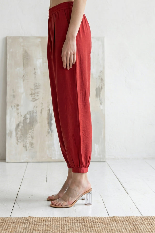 Elleven Women's Red Solid Rayon Blend Ankle Length Harem Pants