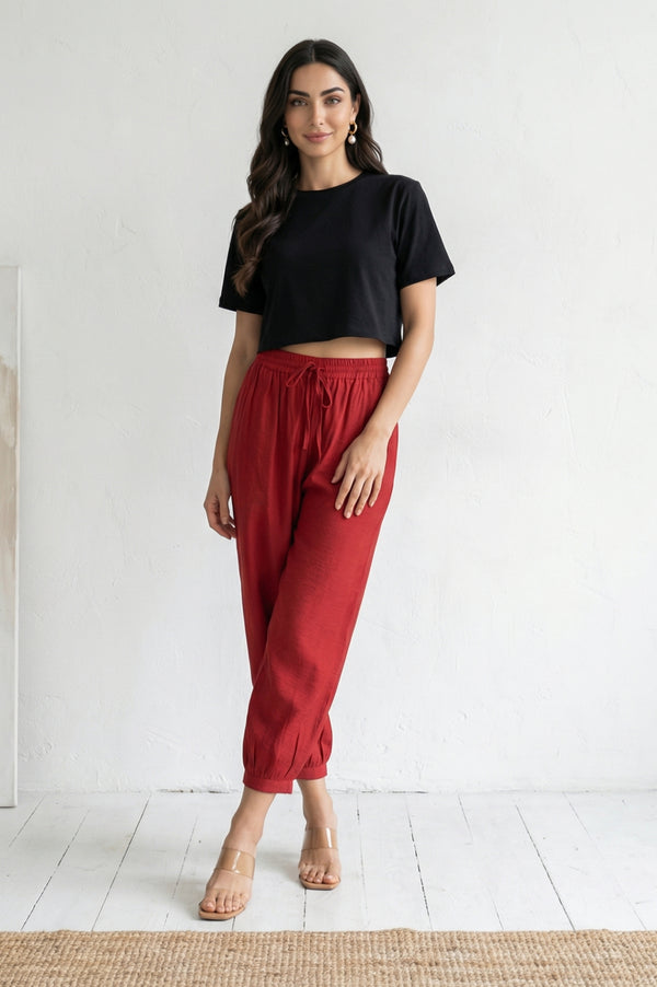 Elleven Women's Red Solid Rayon Blend Ankle Length Harem Pants