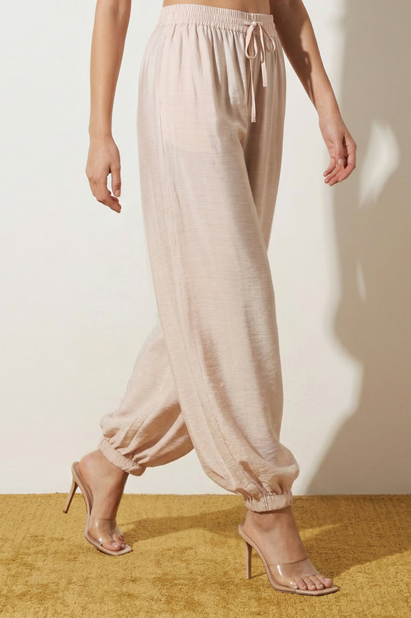 Elleven Women's Beige Solid Rayon Ankle Length Harem Pants