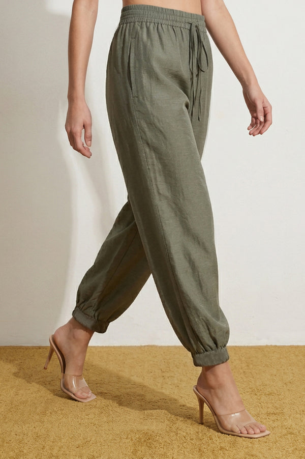 Elleven Women's Olive Solid Rayon Ankle Length Harem Pants