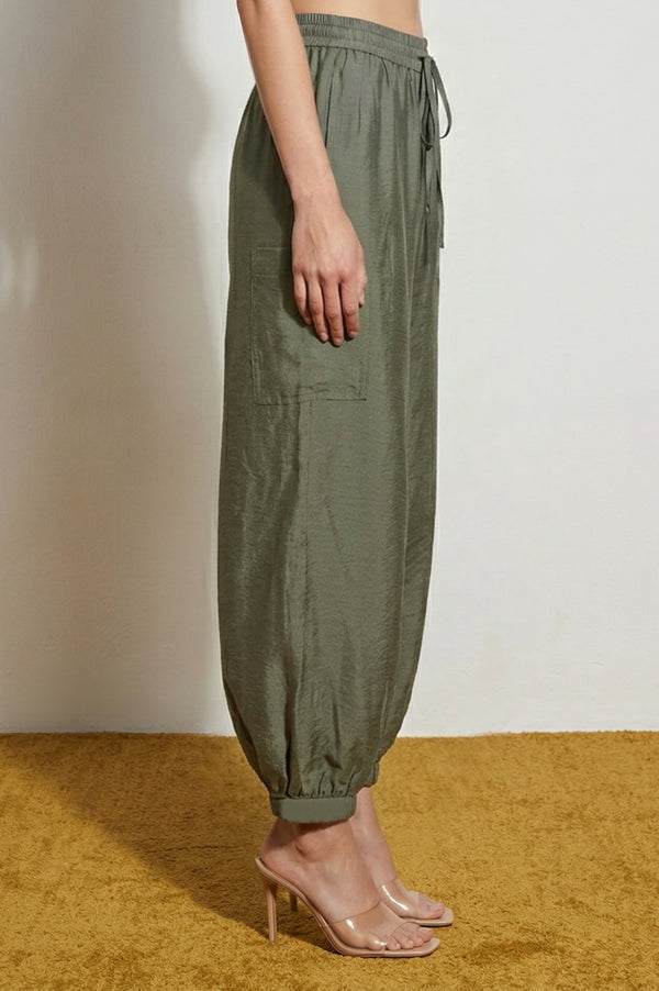 Elleven Women's Olive Solid Rayon Ankle Length Harem Pants