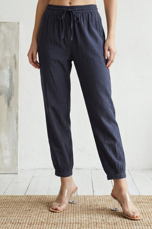 Elleven Women's Navy Blue Solid Rayon Blend Ankle Length Harem Pants