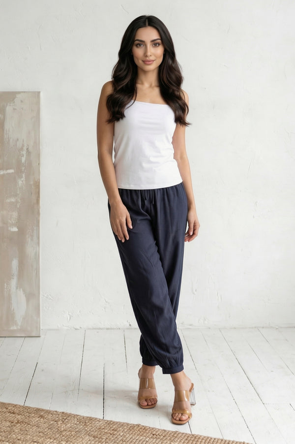 Elleven Women's Navy Blue Solid Rayon Blend Ankle Length Harem Pants