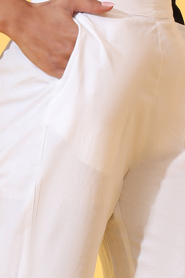 White Solid Pure Cotton Schiffli Embroidered Palazzo Pants