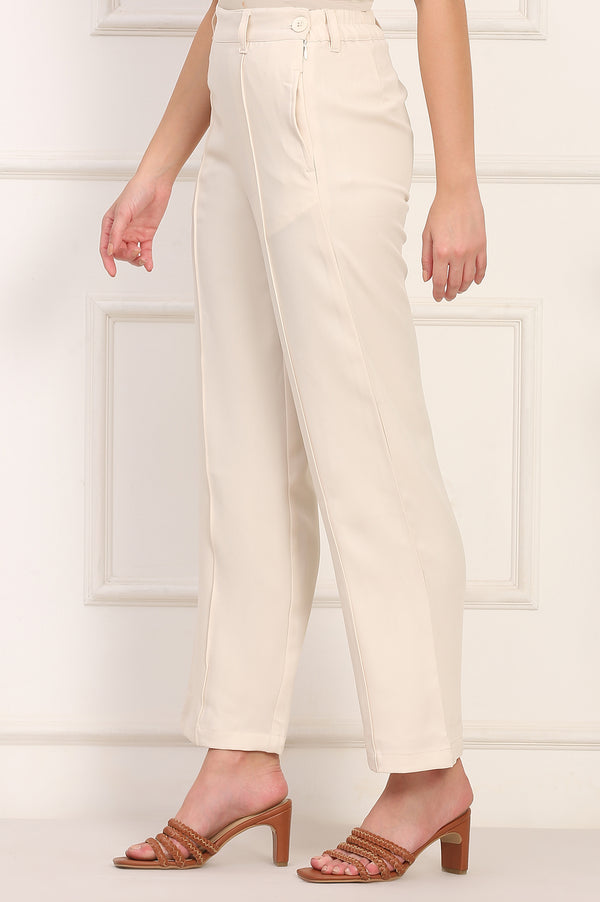 Elleven Women's Beige Solid Straight Woven Pant Pant with YKK Zipper