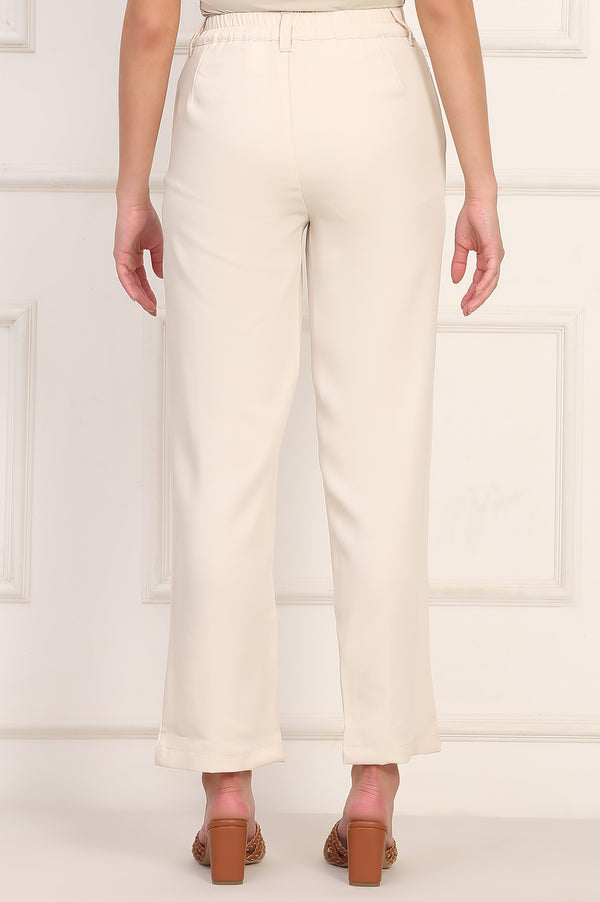Elleven Women's Beige Solid Straight Woven Pant Pant with YKK Zipper