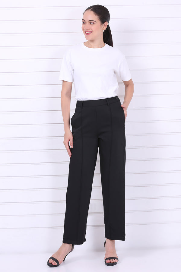 Elleven Women's Black Solid Straight Parallel Pants with YKK Zipper