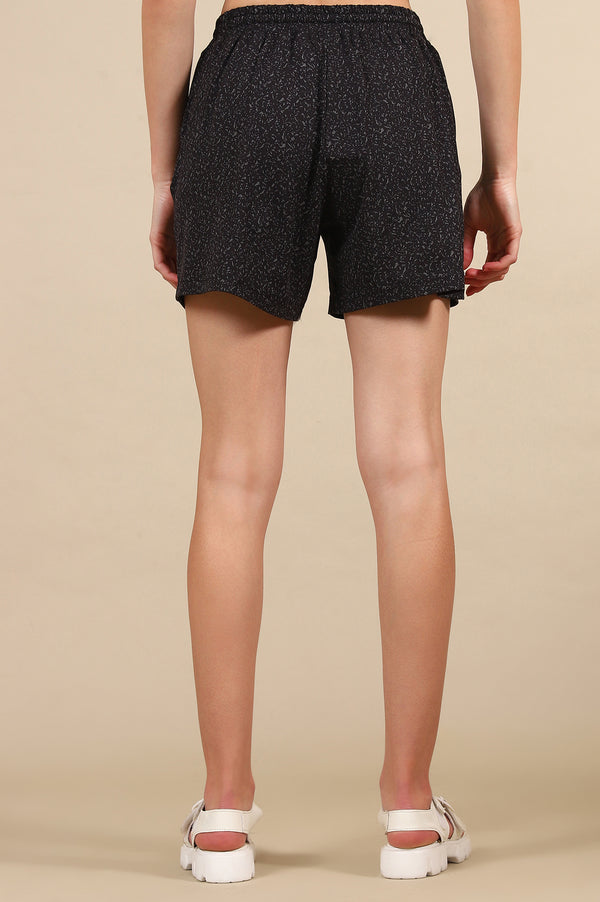 Elleven Women's Black Abstract Printed Loose Fit Shorts With Drawstring