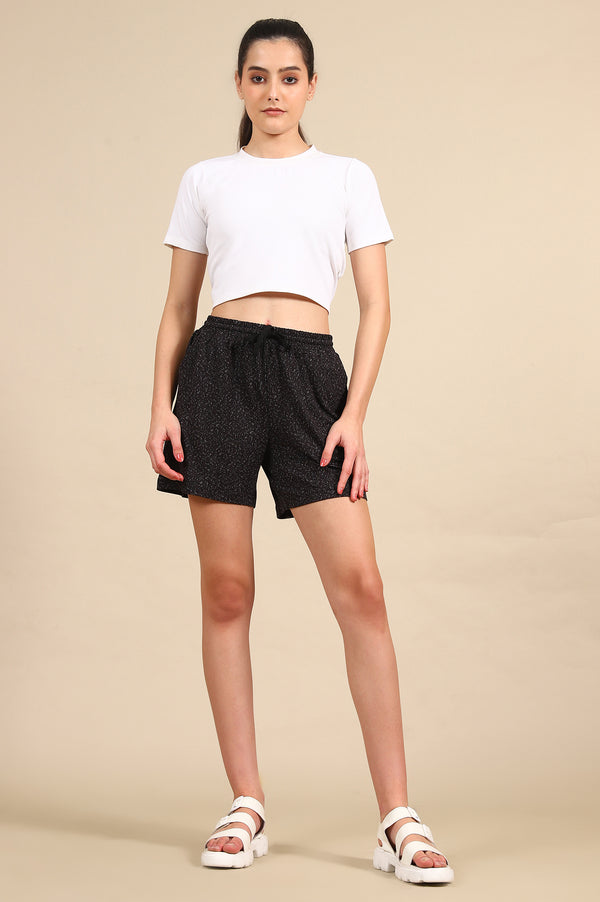 Elleven Women's Black Abstract Printed Loose Fit Shorts With Drawstring