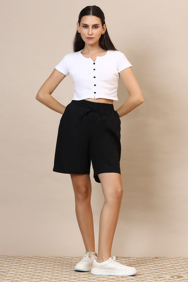 Elleven Women's Black Solid Loose Fit Cotton Shorts With Drawstring