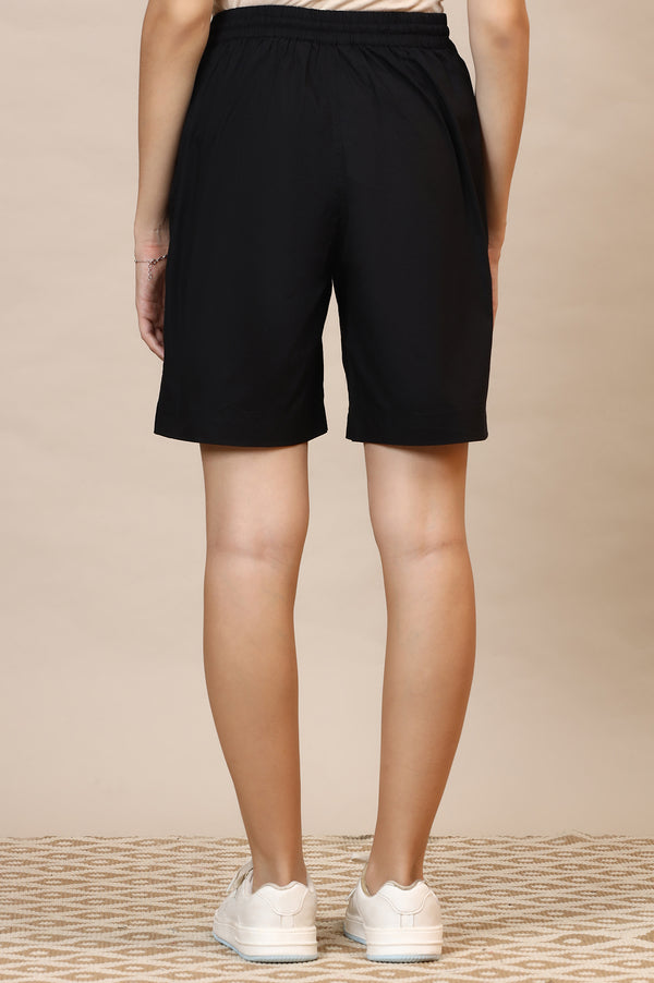 Elleven Women's Black Solid Loose Fit Cotton Shorts With Drawstring