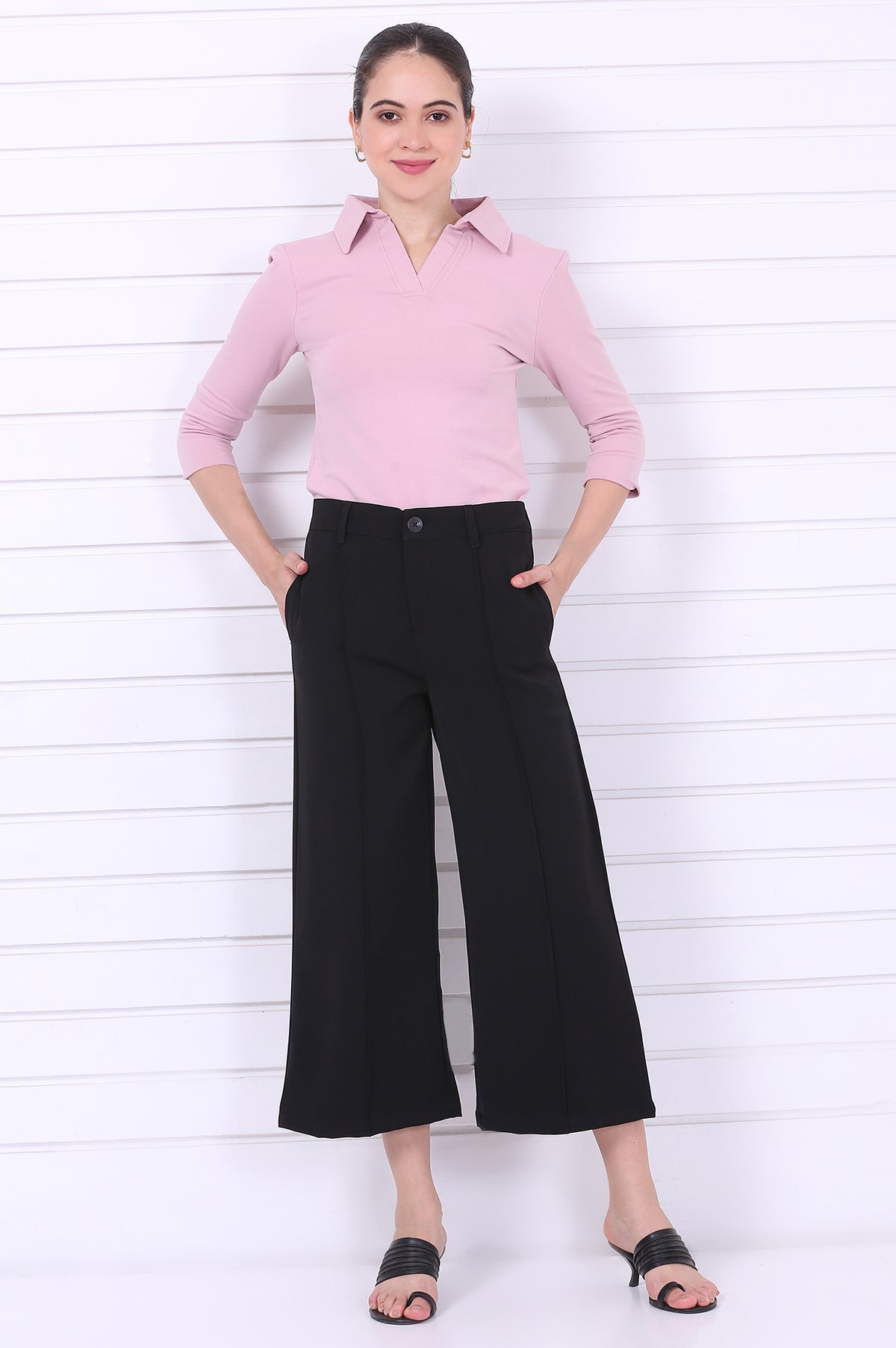 Elleven Women's Black Solid Calf Length Culottes with YKK Zipper - S