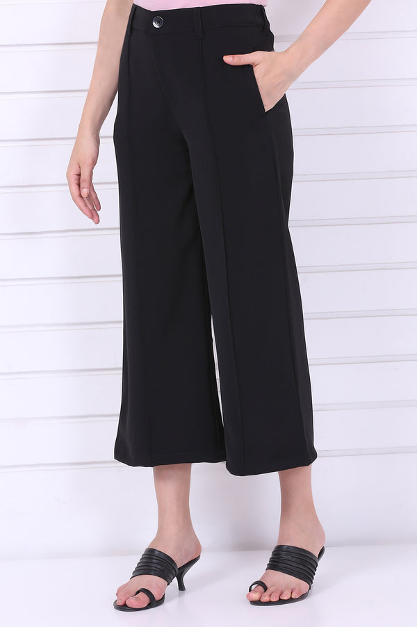 Elleven Women's Black Solid Calf Length Culottes with YKK Zipper