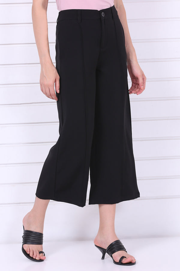 Elleven Women's Black Solid Calf Length Culottes with YKK Zipper