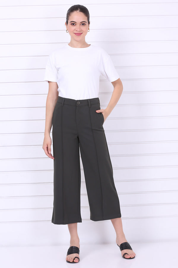 Elleven Women's Green Solid Calf Length Culottes with YKK Zipper