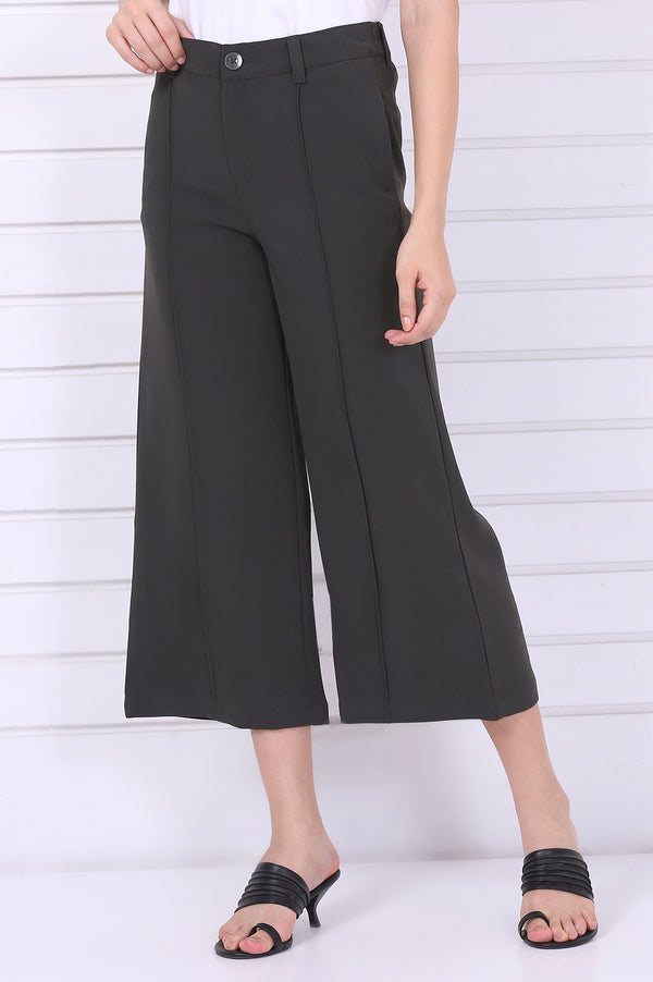 Elleven Women's Green Solid Calf Length Culottes with YKK Zipper